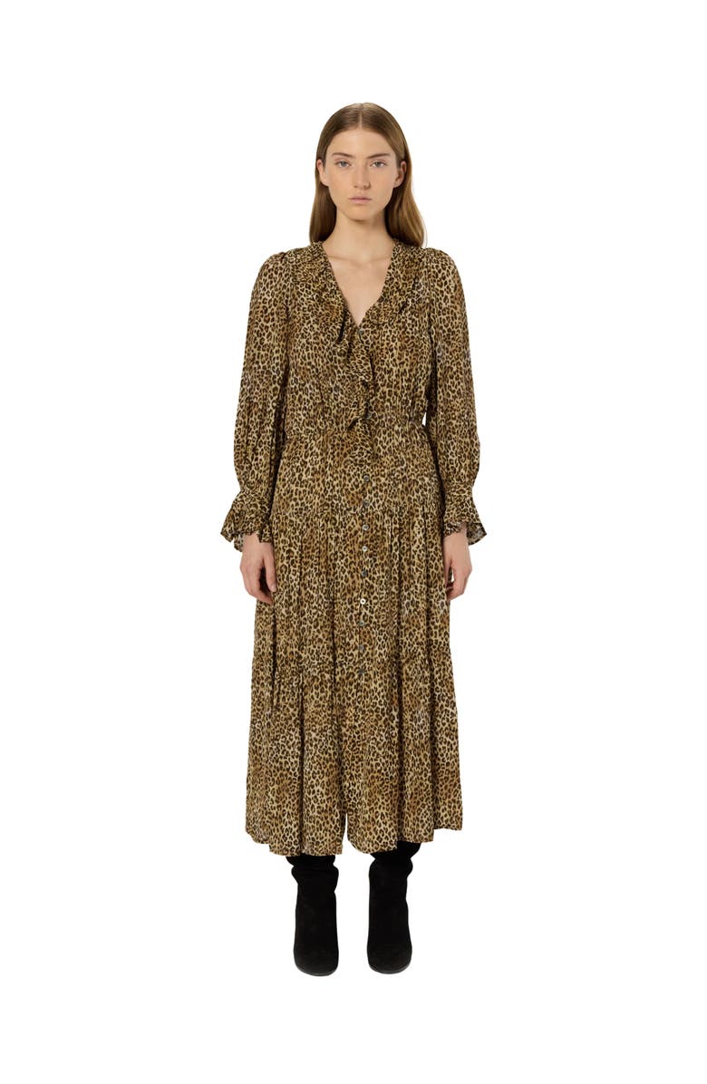 GERARD DAREL Lyza Ruffled V-Neck Midi Dress, Main, color, Brown