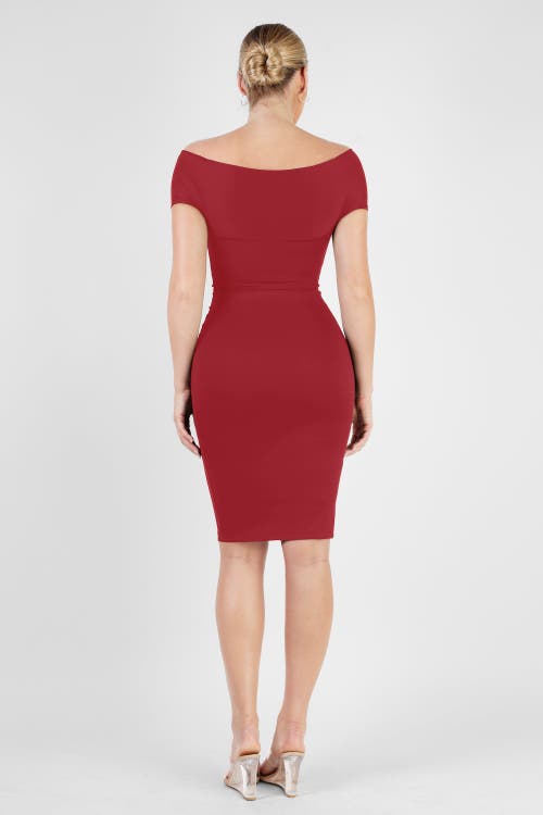 Popilush Shapewear Ruched Off-shoulder Sculpting Midi Dress In Maroon