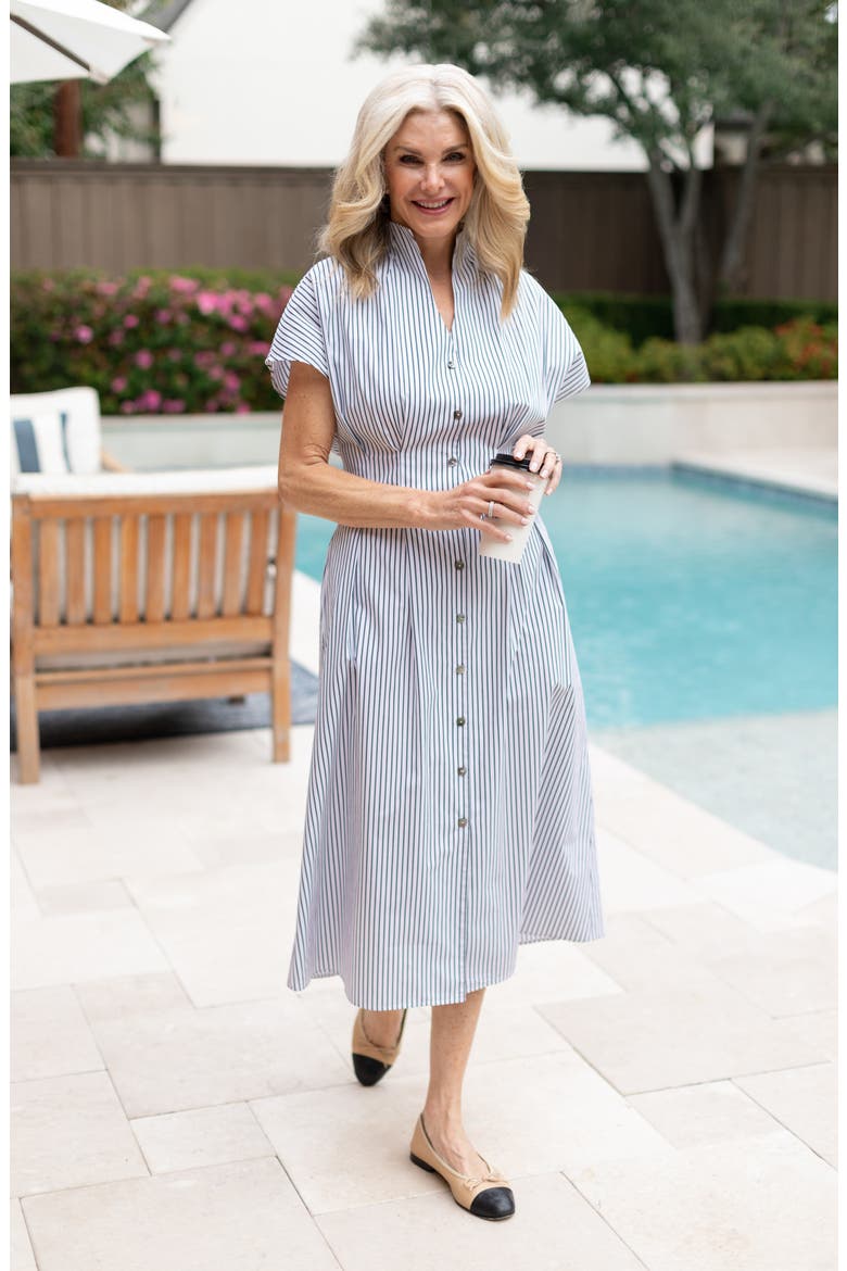x Tanya Foster Pinstripe Cotton Fit & Flare Midi Dress, Alternate, color, WHITE/BLACK