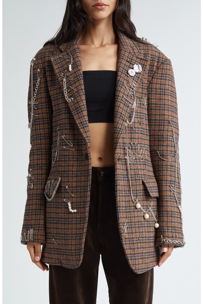 Pinchushion Plaid Embellished Blazer, Main, color, BROWN PLAID