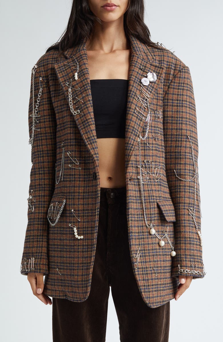 R13 Pinchushion Plaid Embellished Blazer, Main, color,