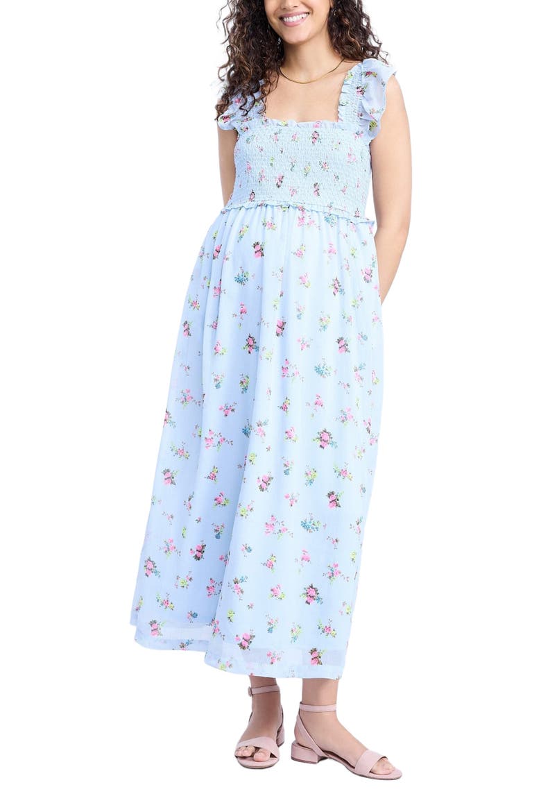 Sleeveless Ruffle Shoulder Smocked Maxi Dress, Main, color, Skyway Ditsy Floral