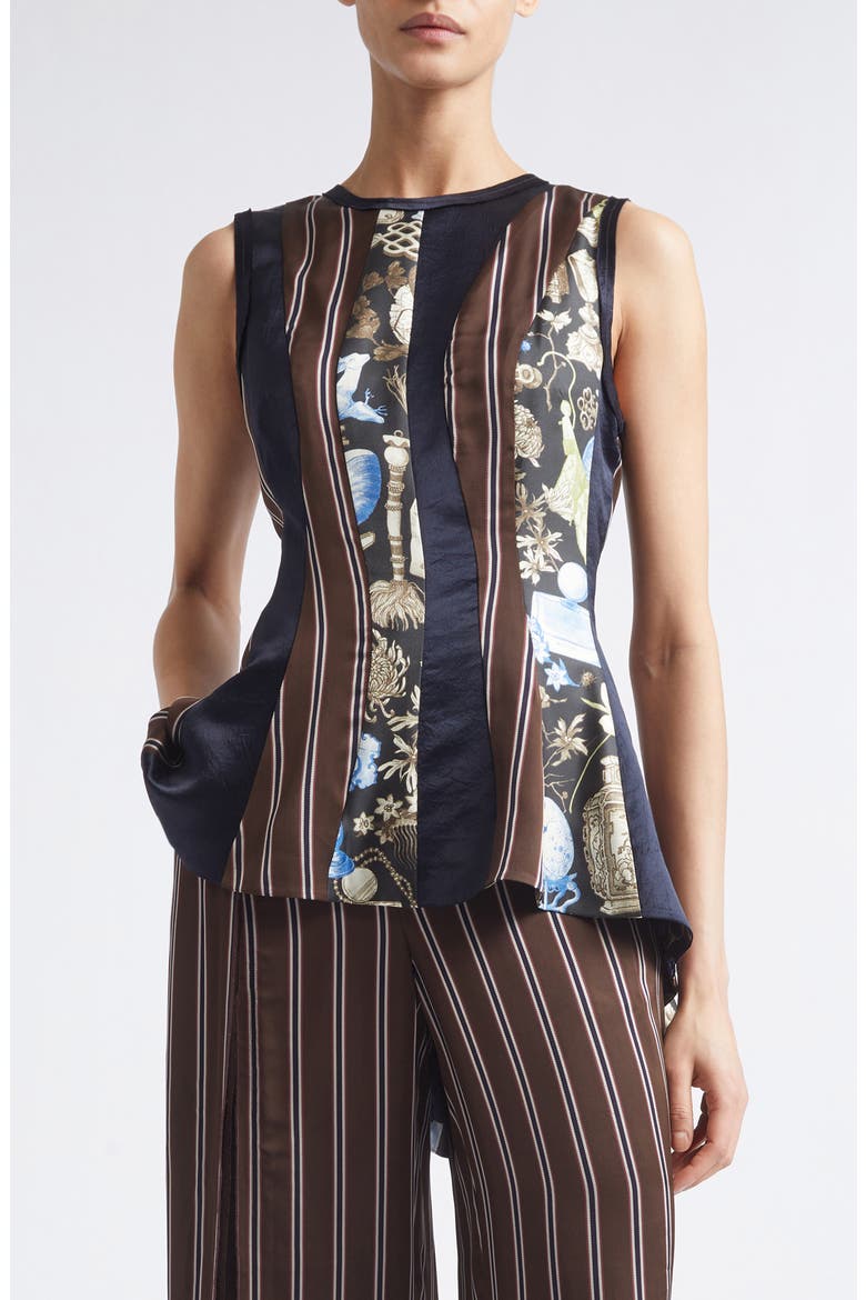 Mixed Media Paneled Silk Top, Main, color, DEEP NAVY MULTI