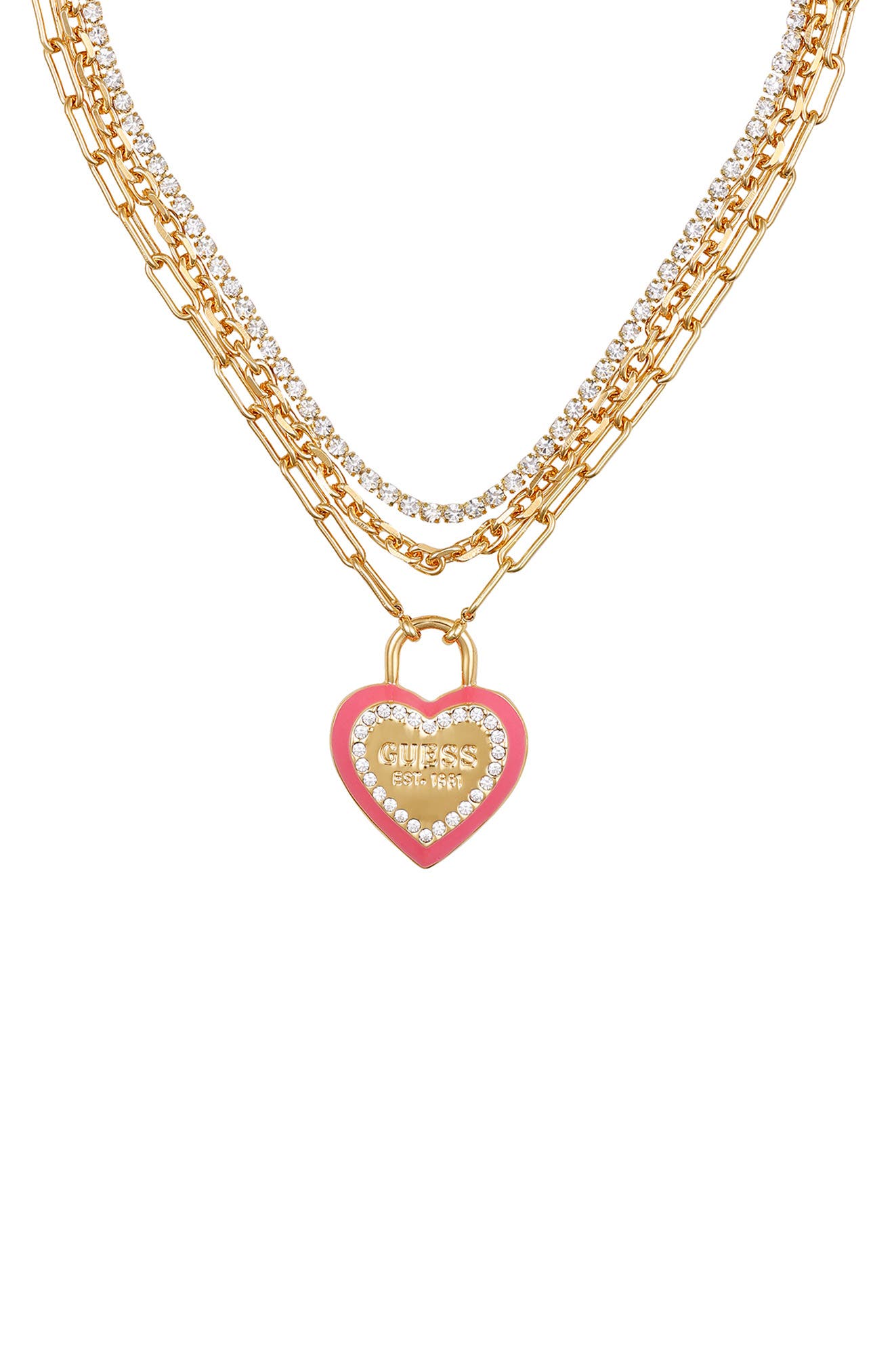 GUESS Layered Pavé Heart Charm Necklace