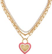 GUESS Layered Pavé Heart Charm Necklace