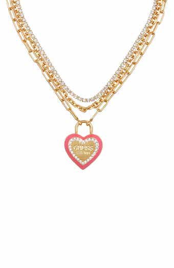GUESS Layered Pavé Heart Charm Necklace