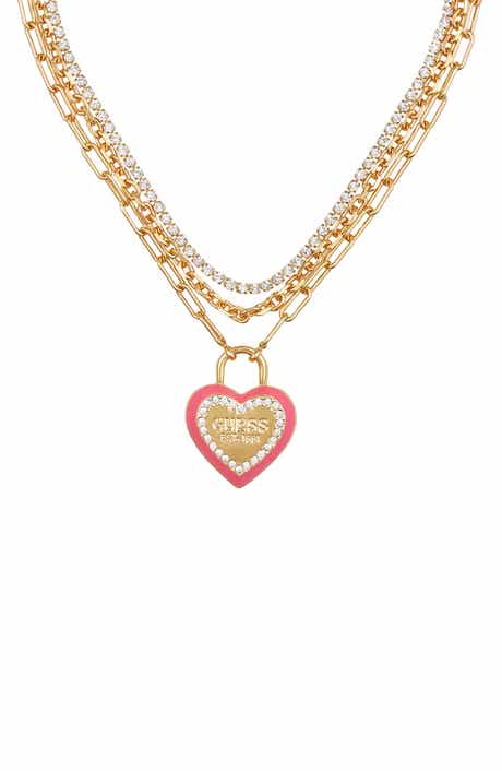 GUESS Layered Pavé Heart Charm Necklace