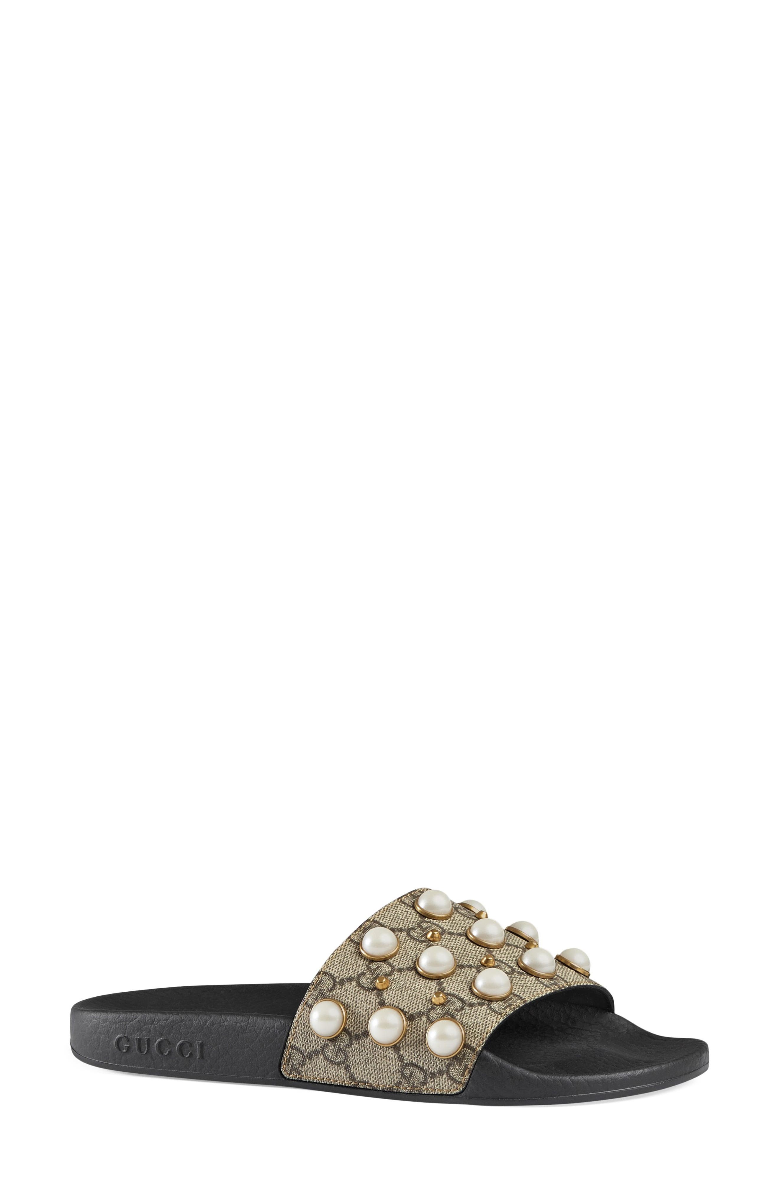 Gucci Pursuit Imitation Pearl Embellished Slide Sandal, Alternate, color, 