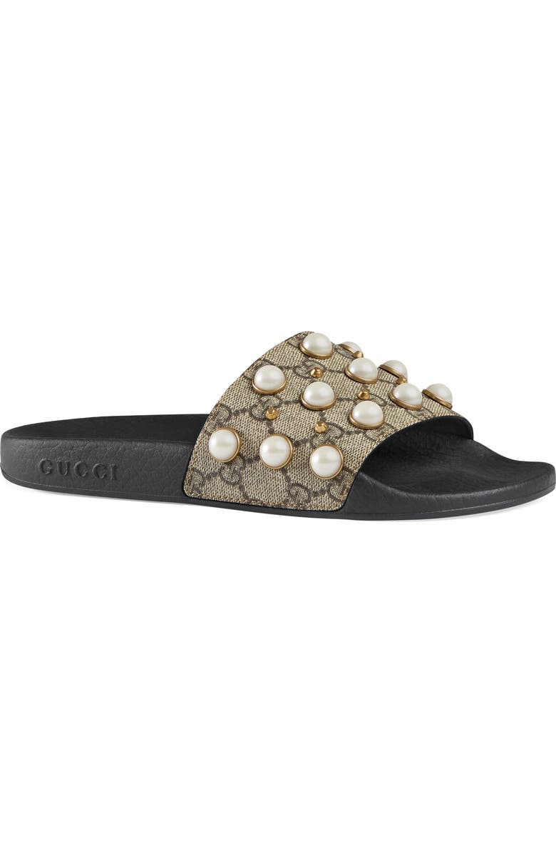 Gucci Pursuit Imitation Pearl Embellished Slide Sandal, Alternate, color,