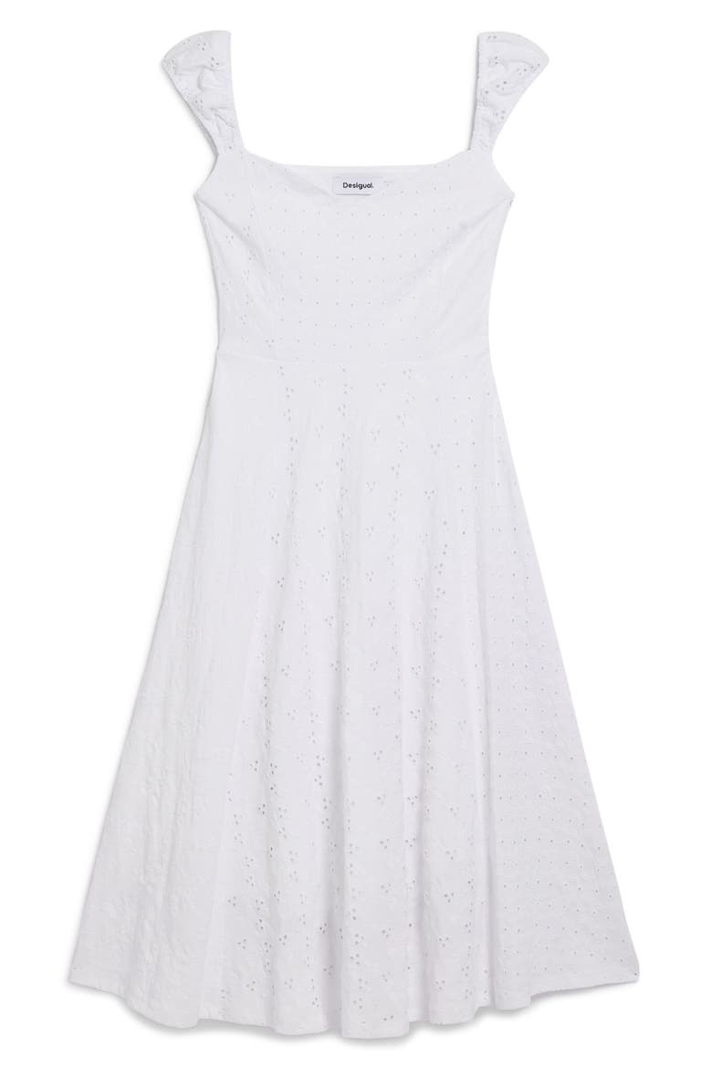 Sleeveless Embroidered Eyelet Cotton Midi Dress, Alternate, color, WHITE