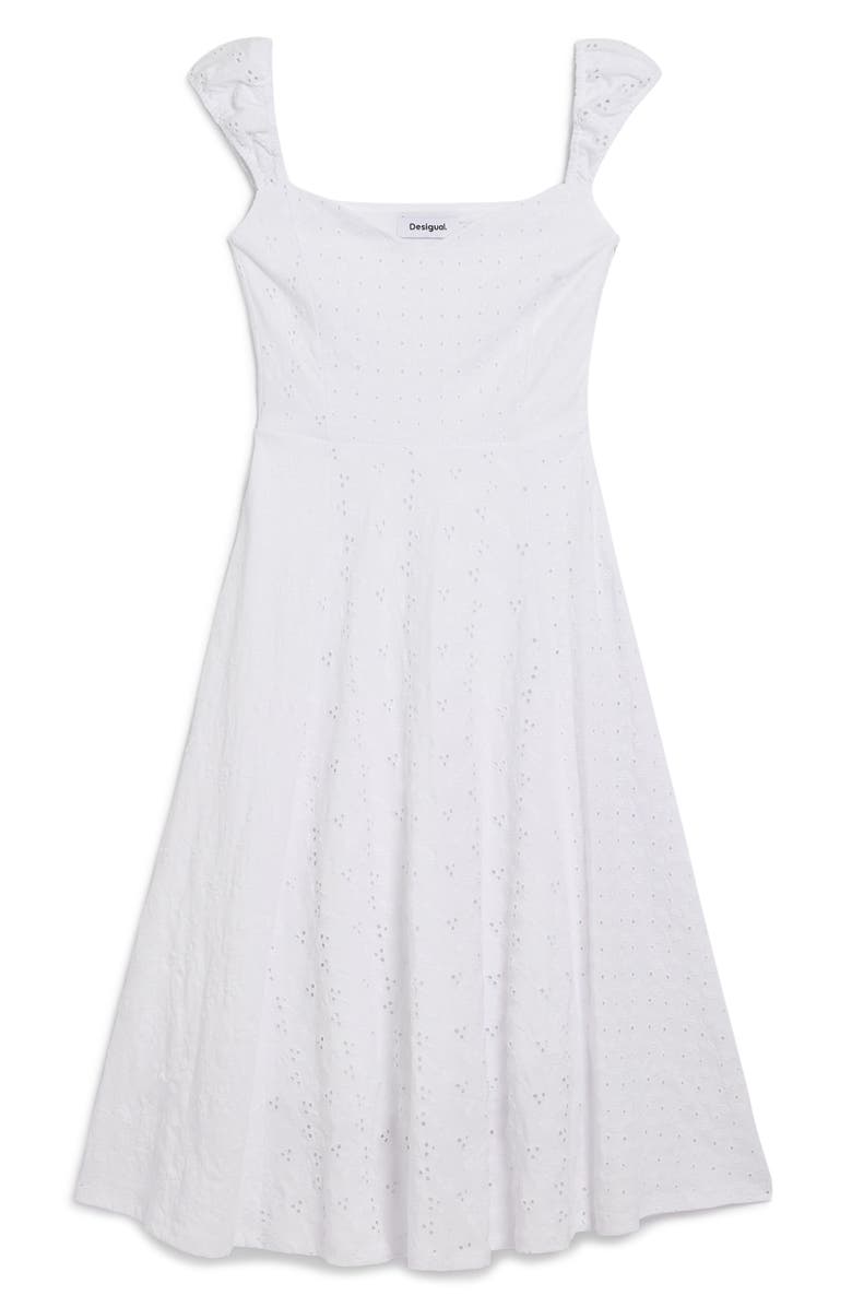 Desigual Sleeveless Embroidered Eyelet Cotton Midi Dress, Alternate, color, White