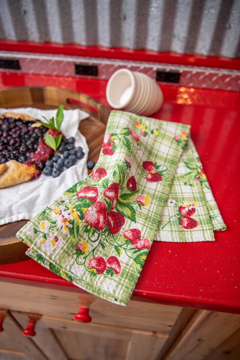 Strawberry Gingham Tea Towels, Set of 2, Alternate, color, Green