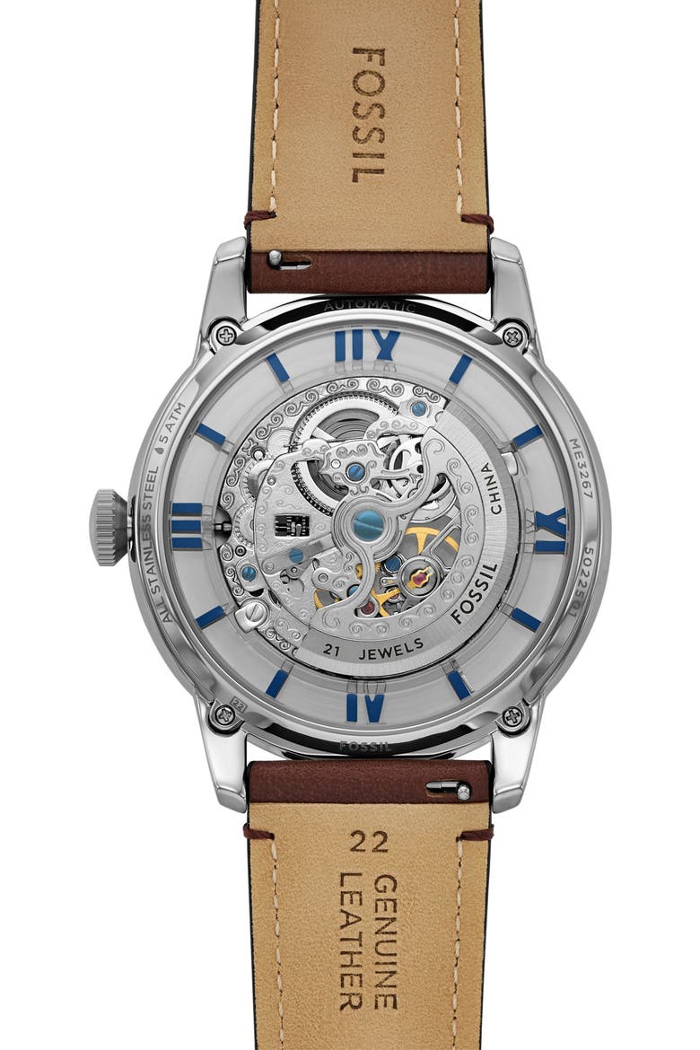 Townsman Automatic Leather Strap Watch, 44mm, Alternate, color, BROWN