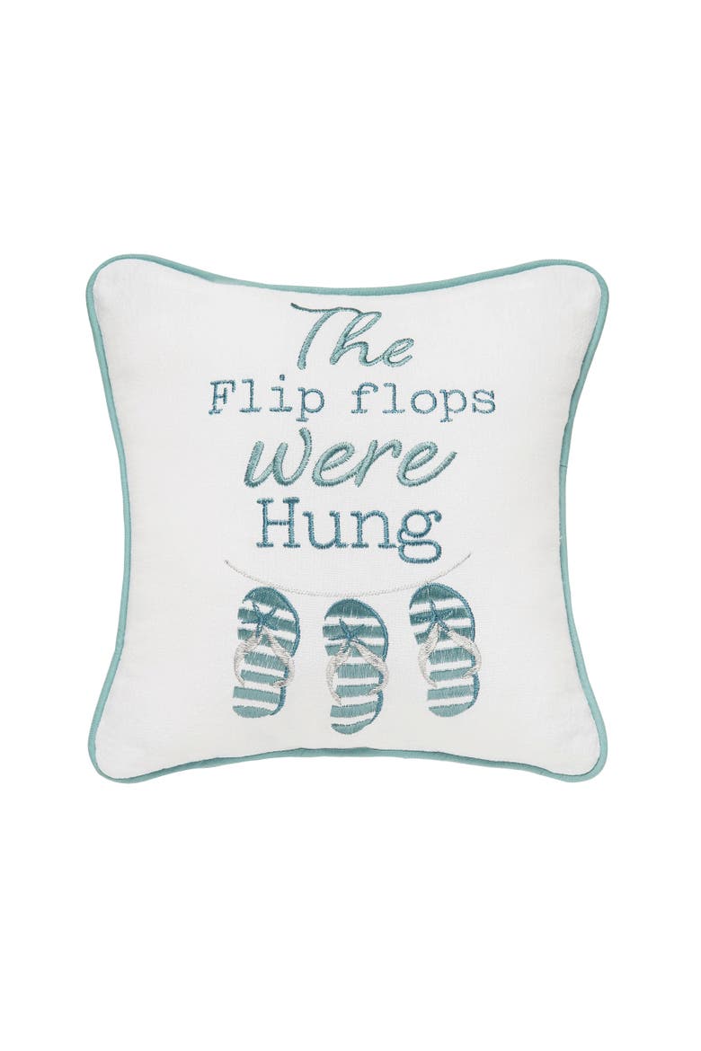 "Flip Flops Were Hung" Sandals Cotton Blend Mini Accent Pillow 10" x 10", Main, color, Blue