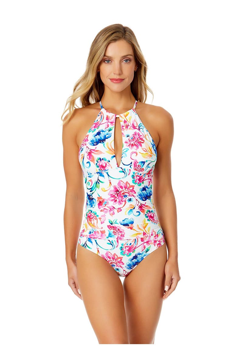 Women's Gradient Floral High Neck With Ruffled Straps One Piece Swimsuit, Main, color, Watercolor Paisley