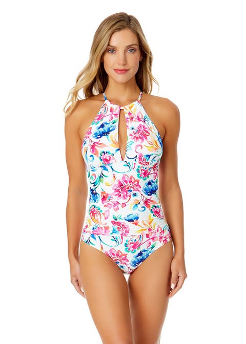 Women's Gradient Floral High Neck With Ruffled Straps One Piece Swimsuit