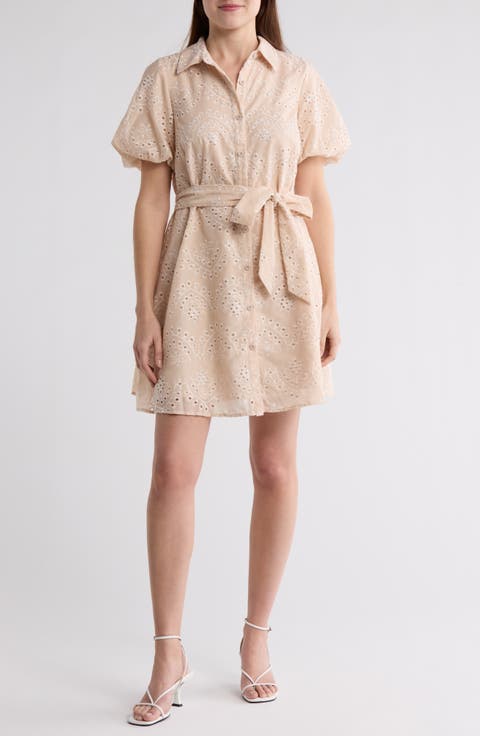 Embroidered Eyelet Puff Sleeve Shirtdress