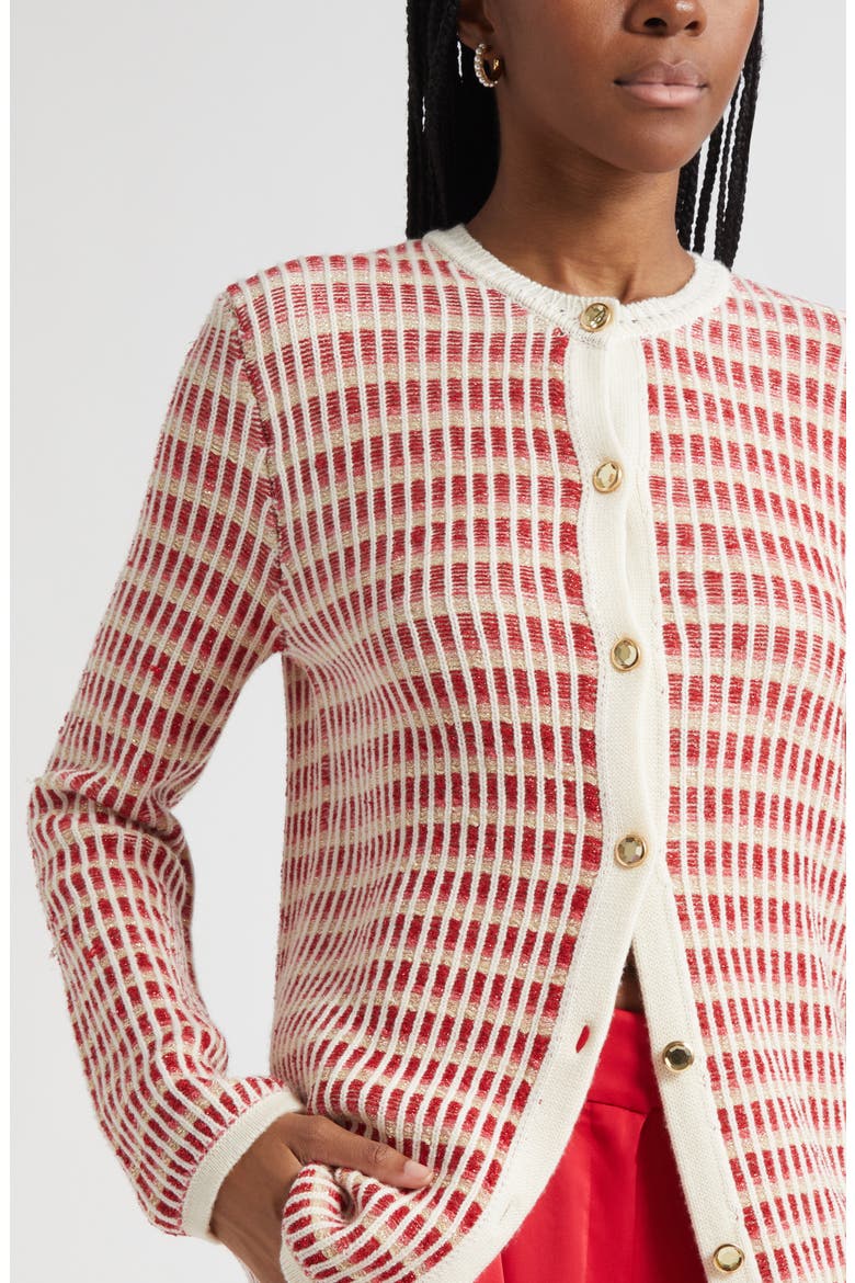 Ivy Metallic Cardigan, Alternate, color, IVORY / SCARLET RED KNIT
