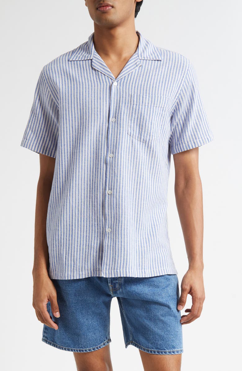 Drake's Stripe Cotton & Linen Camp Shirt, Main, color, Blue
