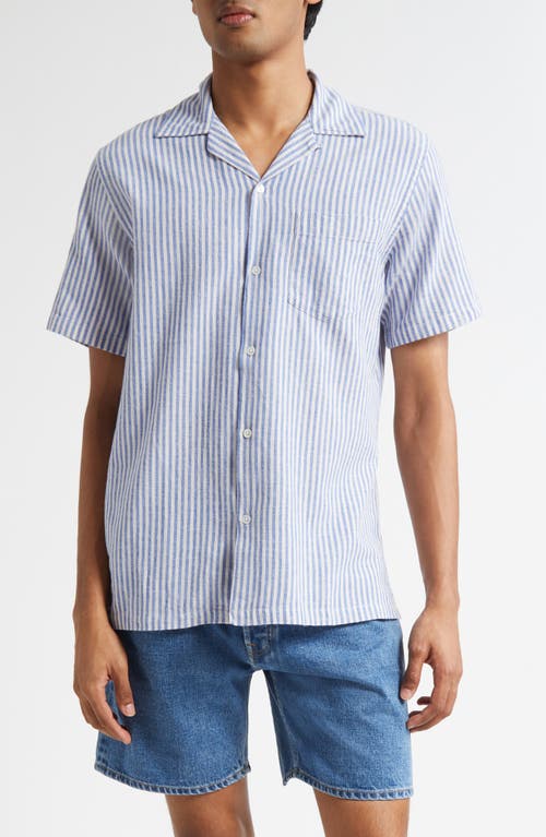 Drake's Stripe Cotton & Linen Camp Shirt in Blue 