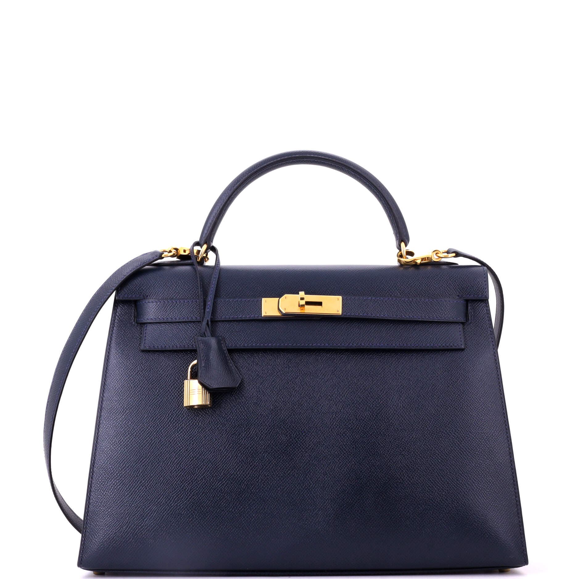 Pre-Owned Hermes Kelly Handbag Blue Courchevel with Gold Hardware 32, Main, color, Bleu Marine