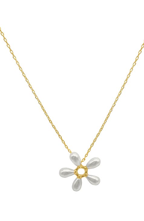 14K Yellow Gold Plated Floral Faux Pearl Pendant Necklace