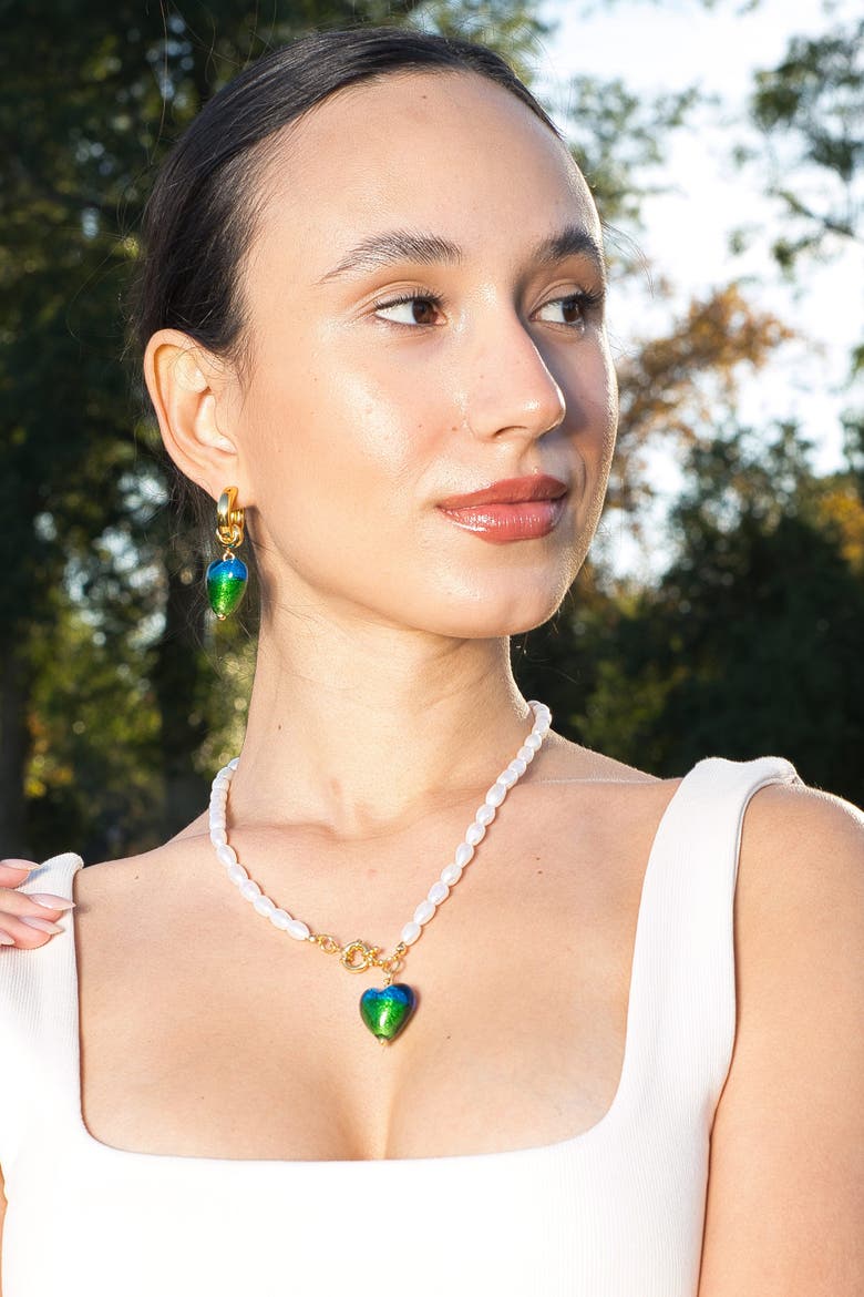 Esmée Peacock Green Murano Heart Pendant Pearl Necklace, Alternate, color, Peacock