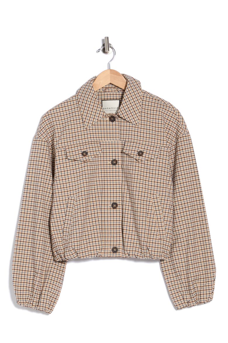 Bubble Hem Plaid Trucker Jacket, Main, color, BLUE-BROWN CHECK