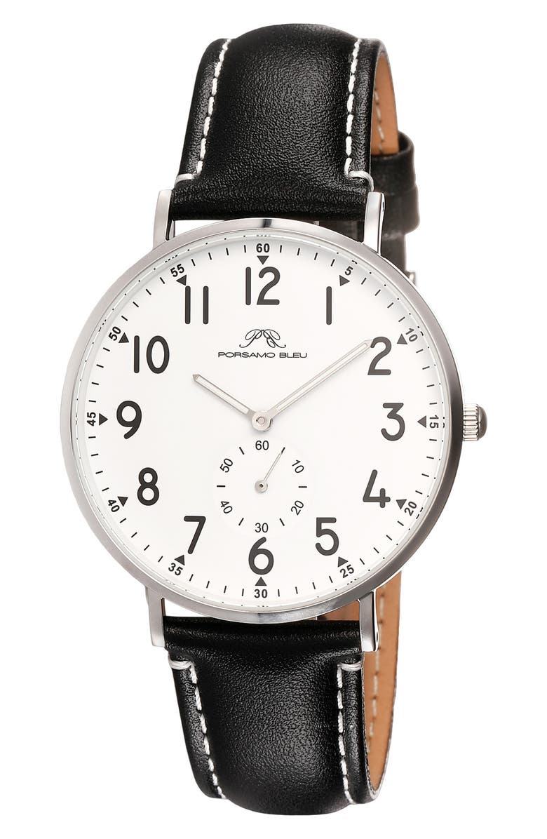 PORSAMO BLEU Rowan Leather Strap Watch, 40mm, Main, color, Black