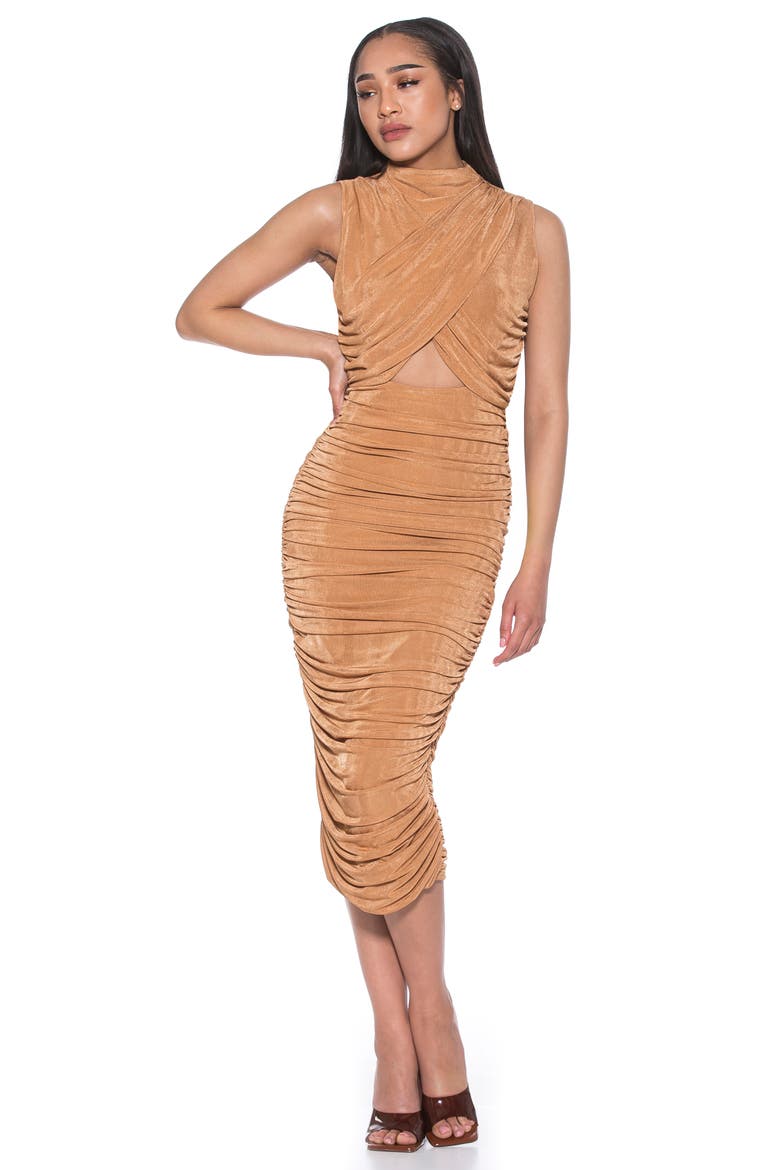 Khloe Sleeveless Ruched Cutout Midi Dress, Alternate, color, BEIGE