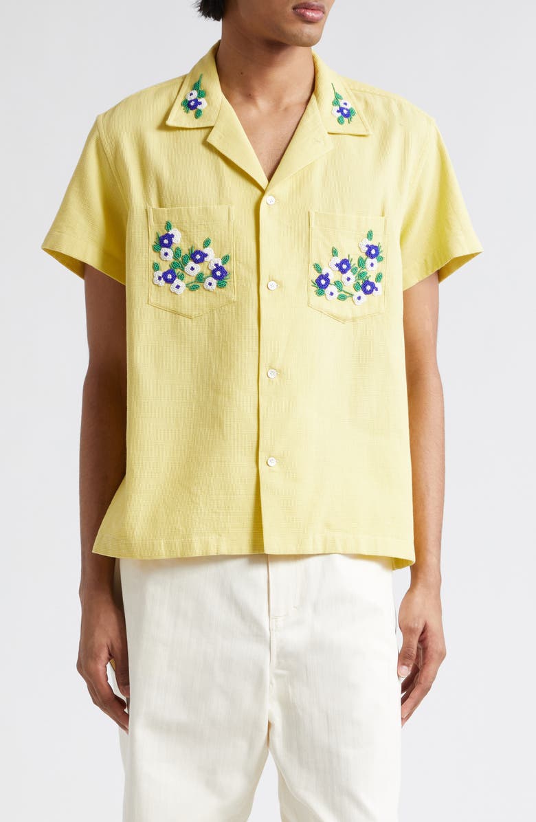 Bode Beaded Flower Short Sleeve Cotton Corduroy Button-Up Shirt, Main, color, 