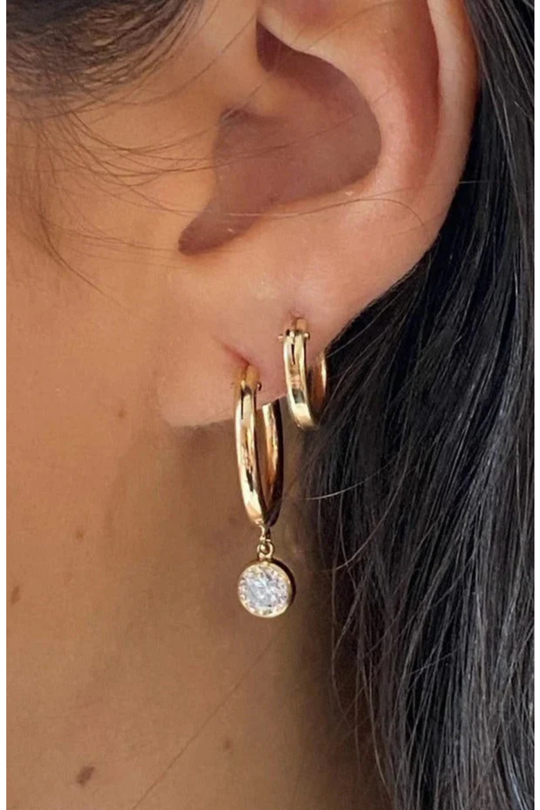 bezel stone drop 14k gold filled hoops, Alternate, color, Gold