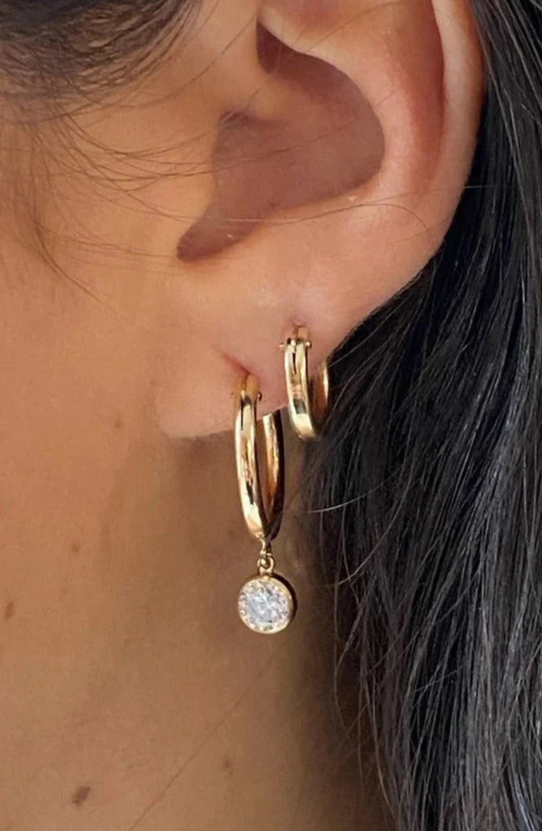 CUFFED BY NANO bezel stone drop 14k gold filled hoops, Alternate, color, Gold