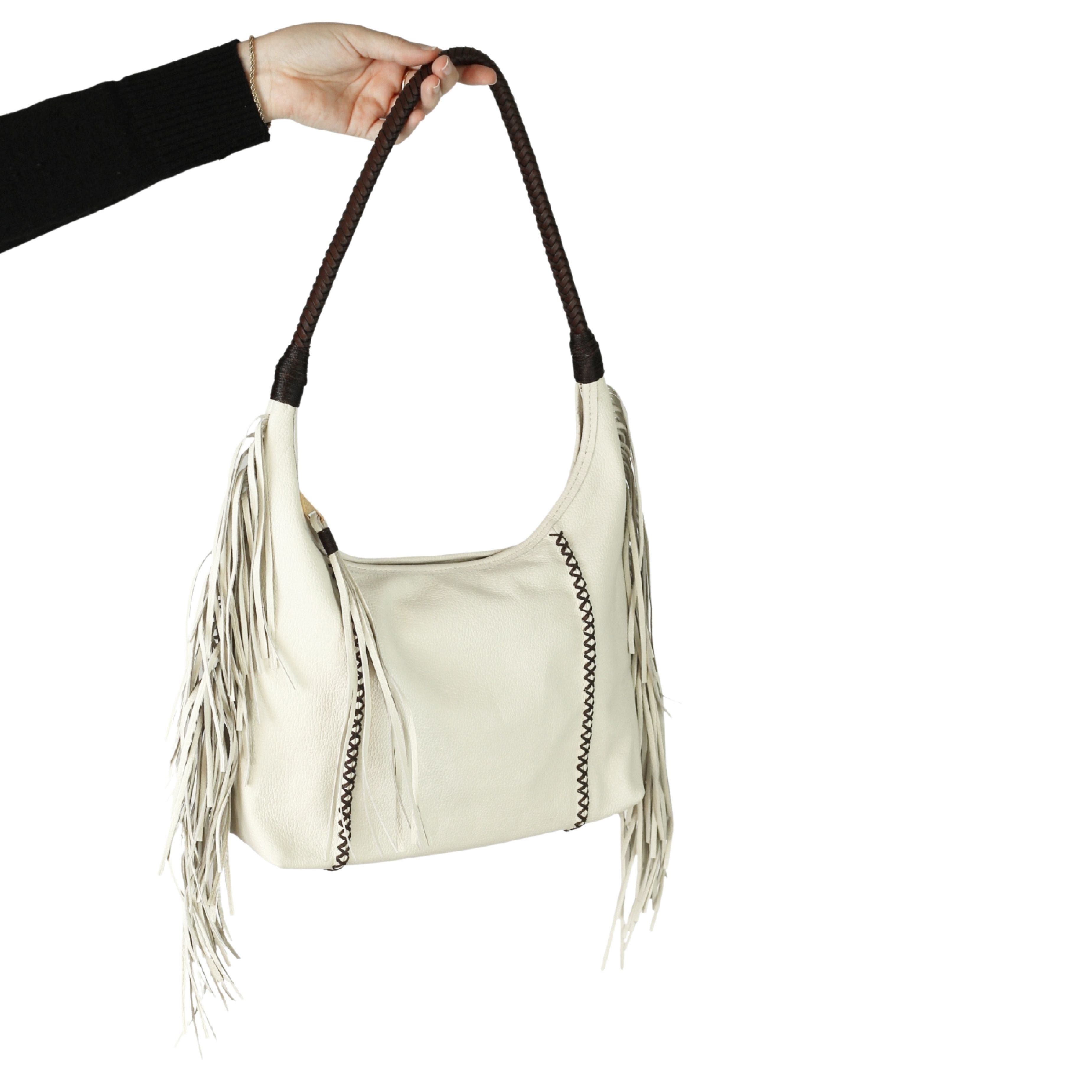 Fringe Leather Hobo Bag, Alternate, color, Winter White
