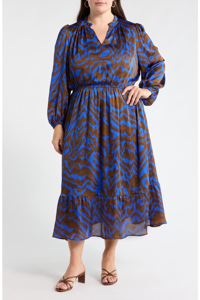 Krista Abrstract Fabiola Long Sleeve Satin Midi Dress, Main, color, BROWN/ BLUE MULTI