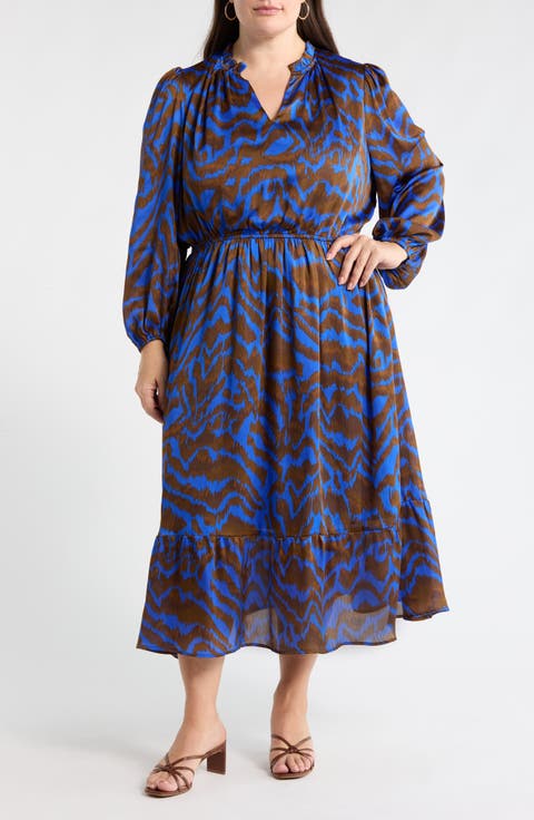 Krista Abrstract Fabiola Long Sleeve Satin Midi Dress (Plus)