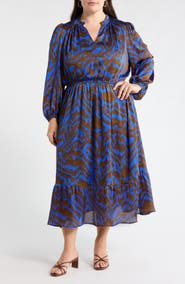 SUGARLIPS Krista Abrstract Fabiola Long Sleeve Satin Midi Dress