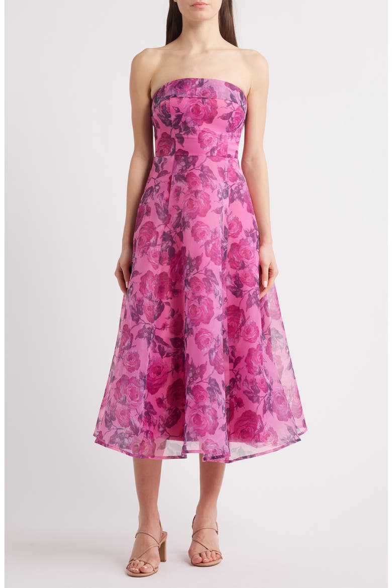 Elena Strapless Organza Midi Dress, Main, color, BERRY