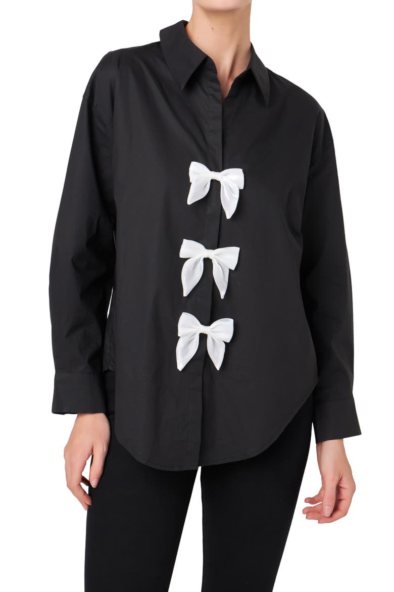 Bow Poplin Button-Up Shirt, Alternate, color, BLACK