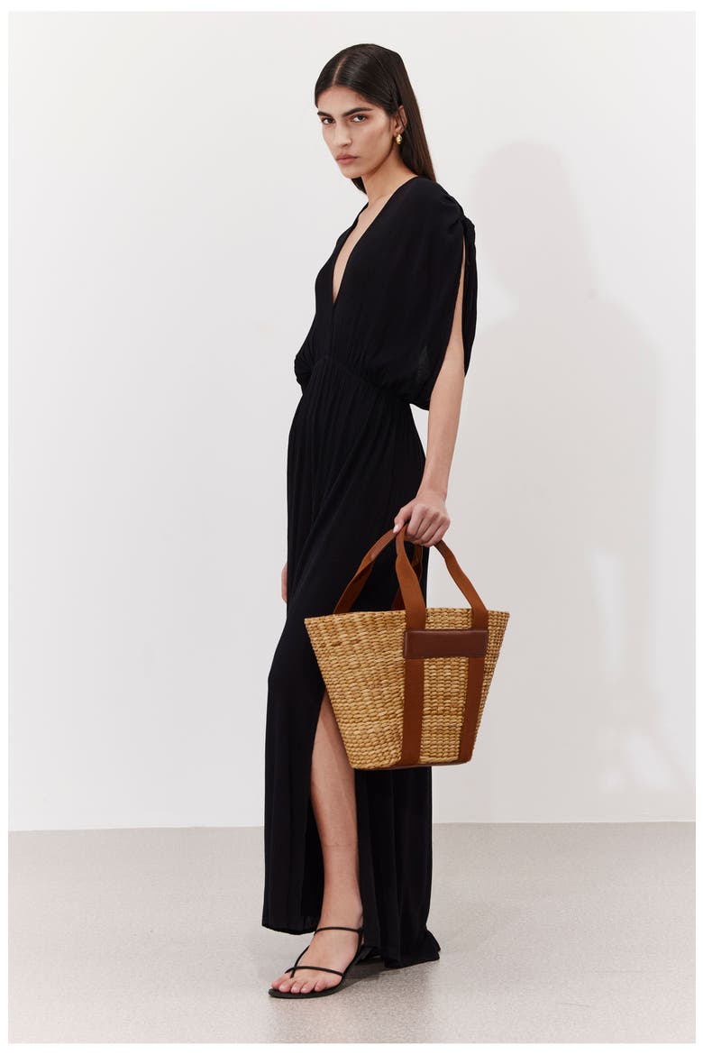 Solena Crêpe V Neck Open Back Midi Dress Cover-Up, Alternate, color, Black