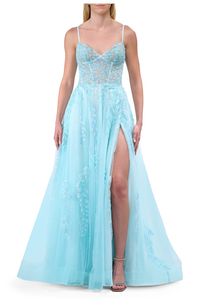La Femme A-line Prom Dress with Beaded Floral Applique and Corset Top, Alternate, color, Light Blue