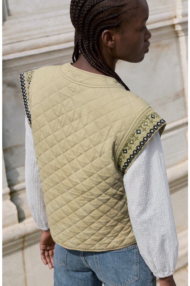 Embroidered Quilted Vest, Alternate, color, GREEN