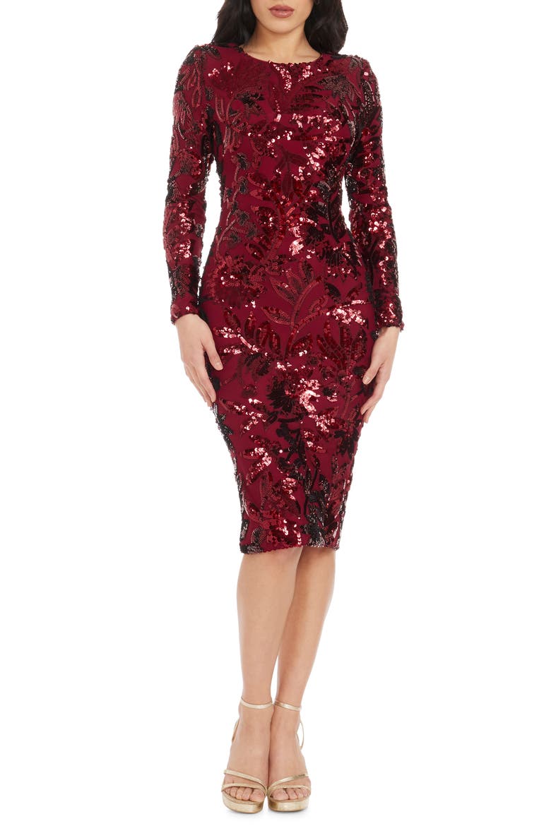 Emmalyn Floral Sequin Long Sleeve Body-Con Cocktail Dress, Main, color, PORT