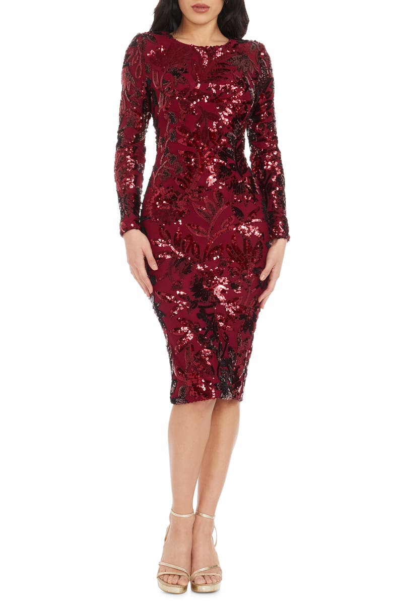 Dress the Population Emmalyn Floral Sequin Long Sleeve Body-Con Cocktail Dress, Main, color, Port