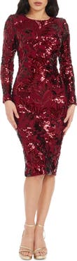 Dress the Population Emmalyn Floral Sequin Long Sleeve Body-Con Cocktail Dress