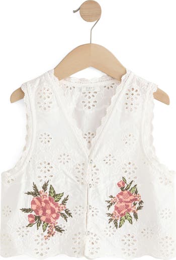 Kids' Floral Embroidered Eyelet Cotton Button-Up Vest