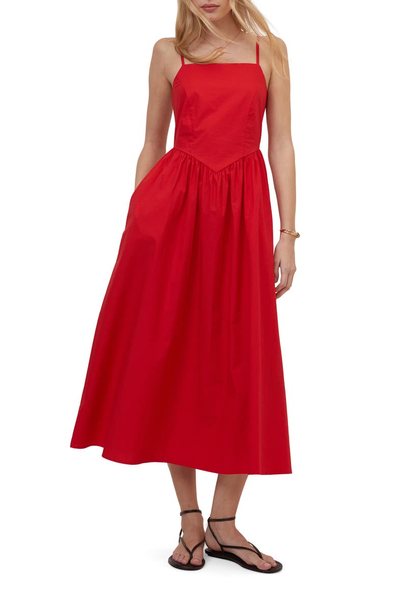 Briella Smocked Back Organic Cotton Midi Sundress, Main, color, RED