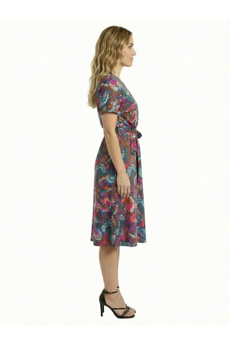 Essential Petite Paisley Print Short Sleeve Tie Waist Midi Dress, Alternate, color, Brown Multi