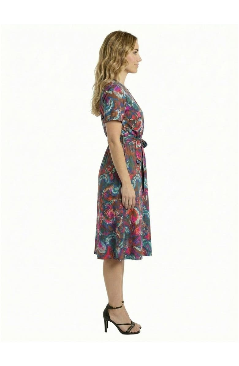 24seven Comfort Apparel Essential Petite Paisley Print Short Sleeve Tie Waist Midi Dress, Alternate, color, Brown Multi