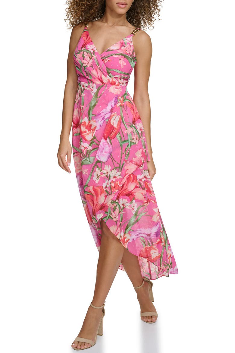 Floral Long Sleeve Clip Dot Chiffon Midi Dress, Alternate, color, PINK MULTI